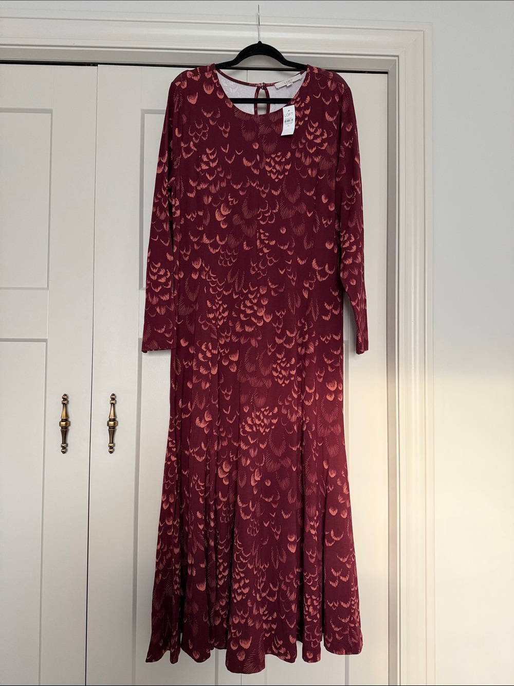 LOFT Burgundy Long Sleeve Patterned Midi Dress